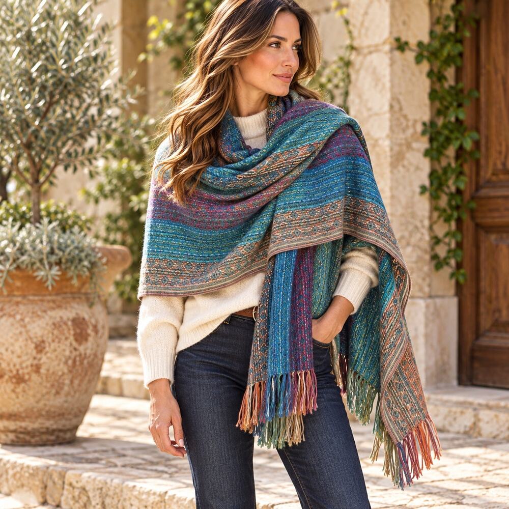 Pedsa Alpaca Scarf Womens Rainbow Woven Wrap Shawl Fringe Tassel Boho Colorful